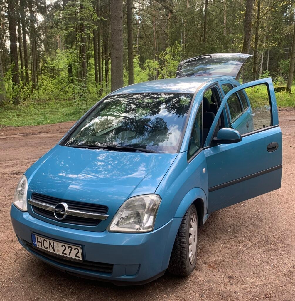 Naudotų automobilių supirkimas Panevėžyje – mėlynas Opel Meriva gamtoje