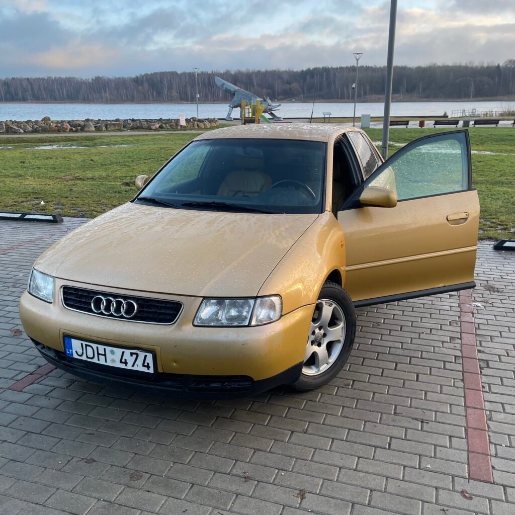 Senas auksinės spalvos Audi A3 8L hečbekas atidarytomis durimis, stovintis prie ežero. Superkame senus Audi modelius.